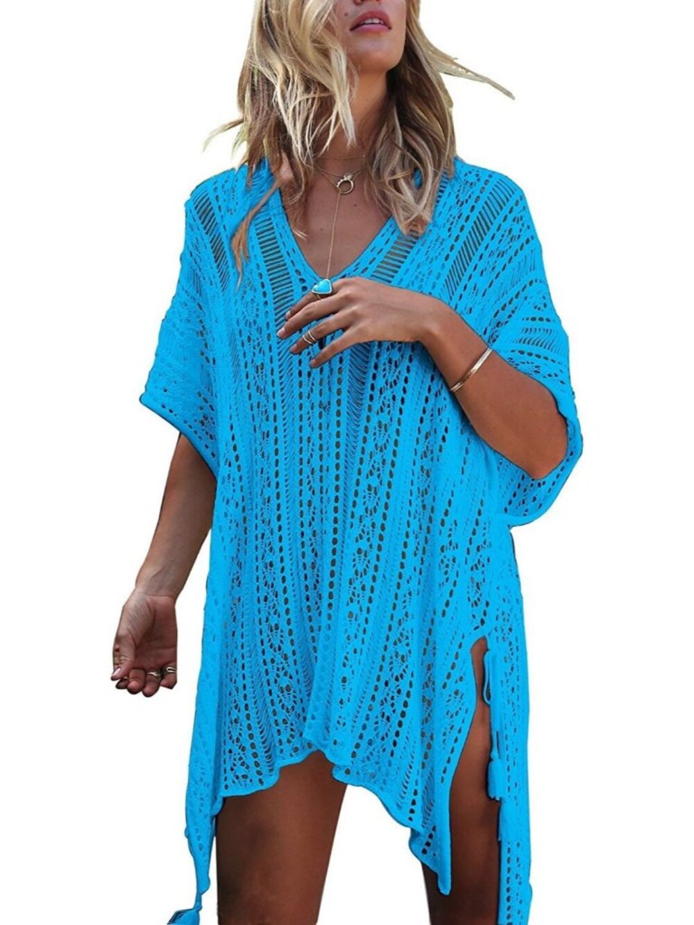 Women's Lake Blue Polyester Crochet Cover up Swimsuit Breathable Beach Swimwear